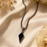 Men's Black Geometric Diamond-Shape Pendant with Silver Plated Chain