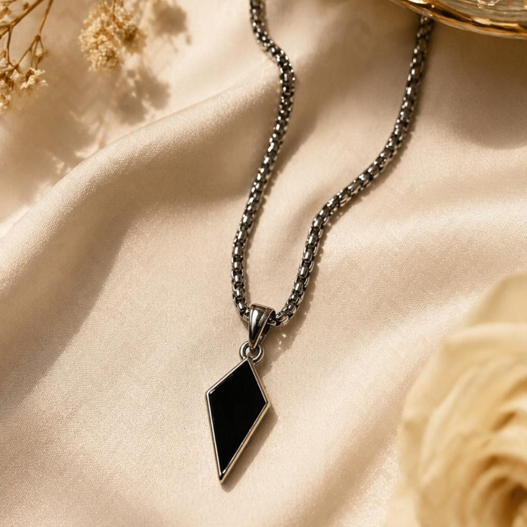 Men’s Black Geometric Diamond-Shape Pendant with Silver Plated Chain