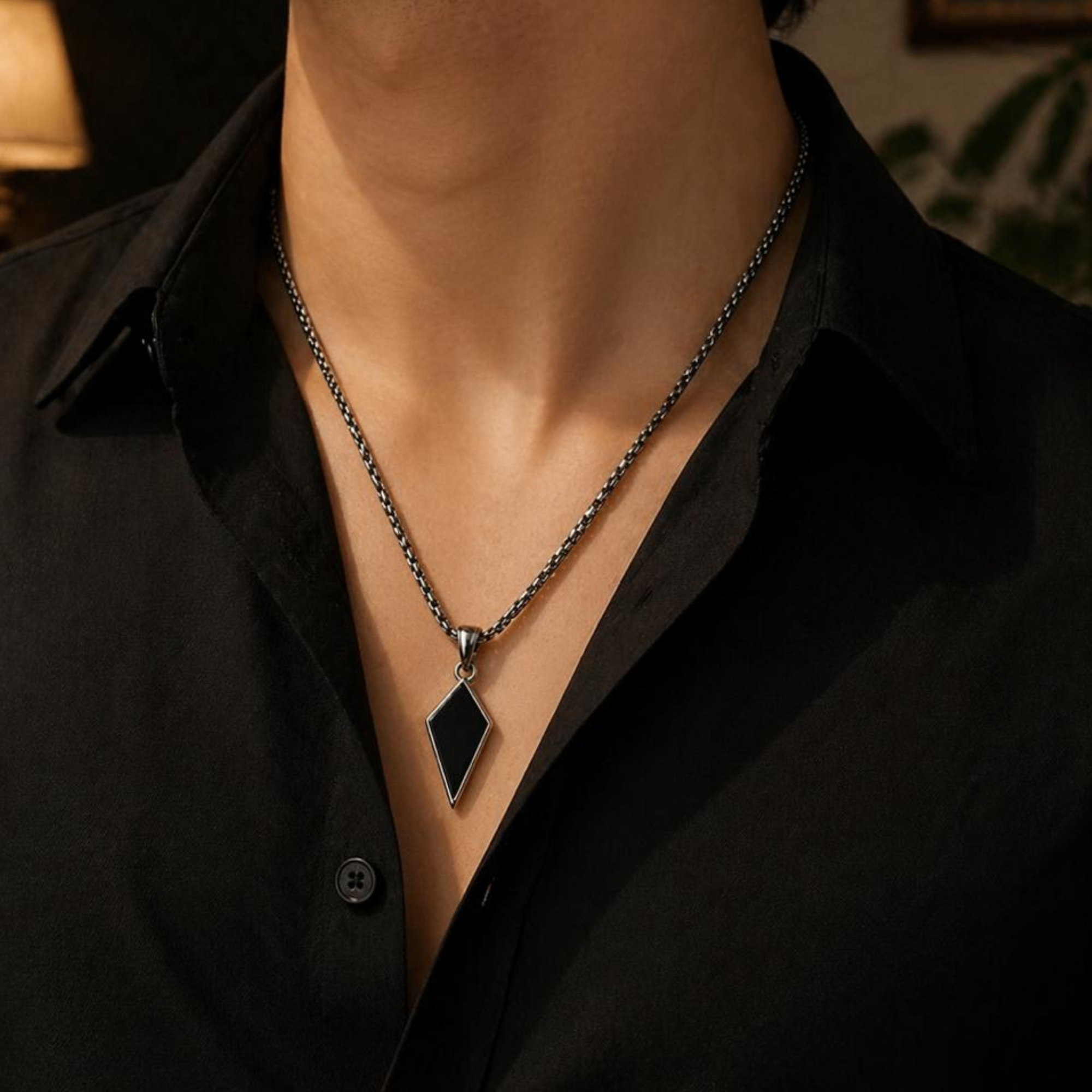 Men's Black Geometric Diamond-Shape Pendant with Silver Plated Chain - Image 4