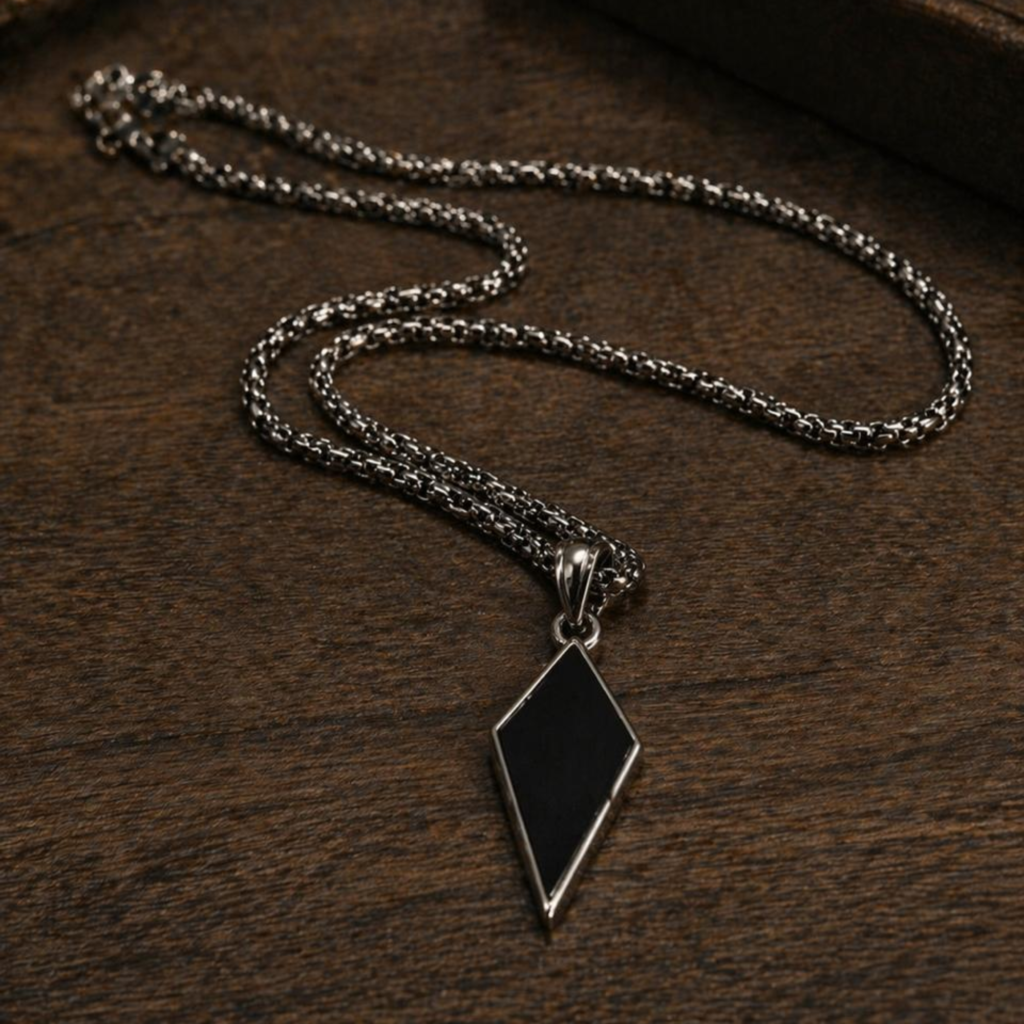 Men's Black Geometric Diamond-Shape Pendant with Silver Plated Chain - Image 5