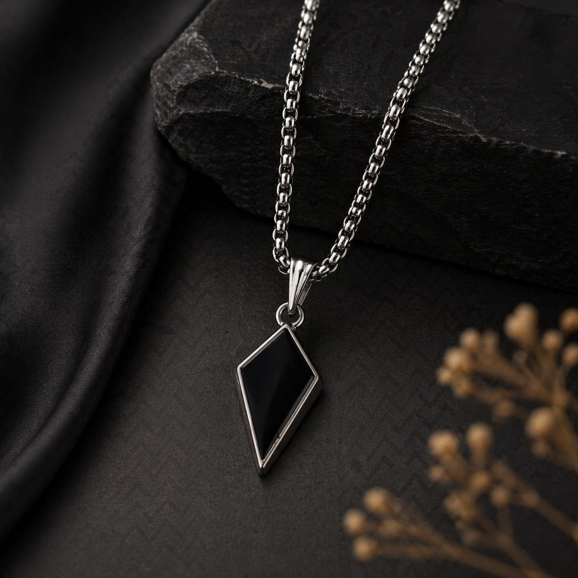 Men's Black Geometric Diamond-Shape Pendant with Silver Plated Chain - Image 2