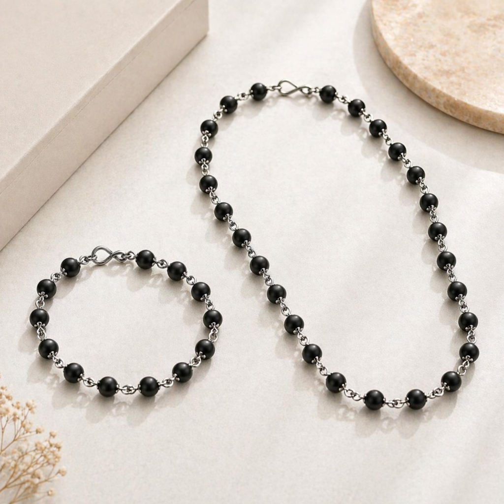 Original Black Beads Necklace & Bracelet Combo Set _ Unisex Spiritual & Fashion Jewelry for Men & Women