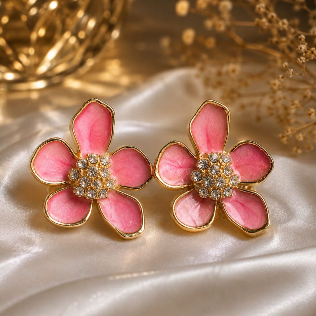 Pink Floral Enamel & Rhinestone Stud Earrings for Women and Girls