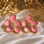 Pink Floral Enamel & Rhinestone Stud Earrings for Women and Girls