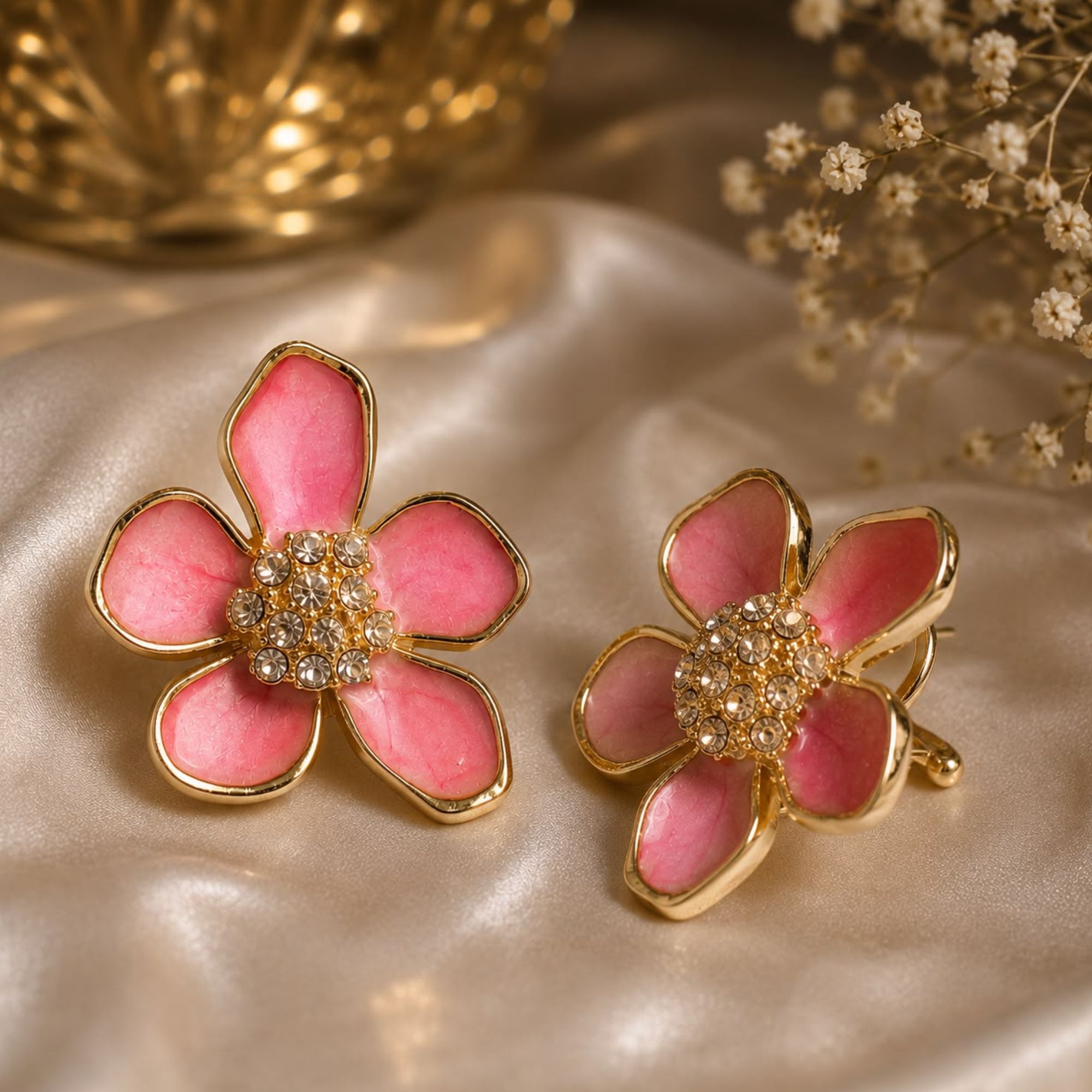 Pink Floral Enamel & Rhinestone Stud Earrings for Women and Girls - Image 3