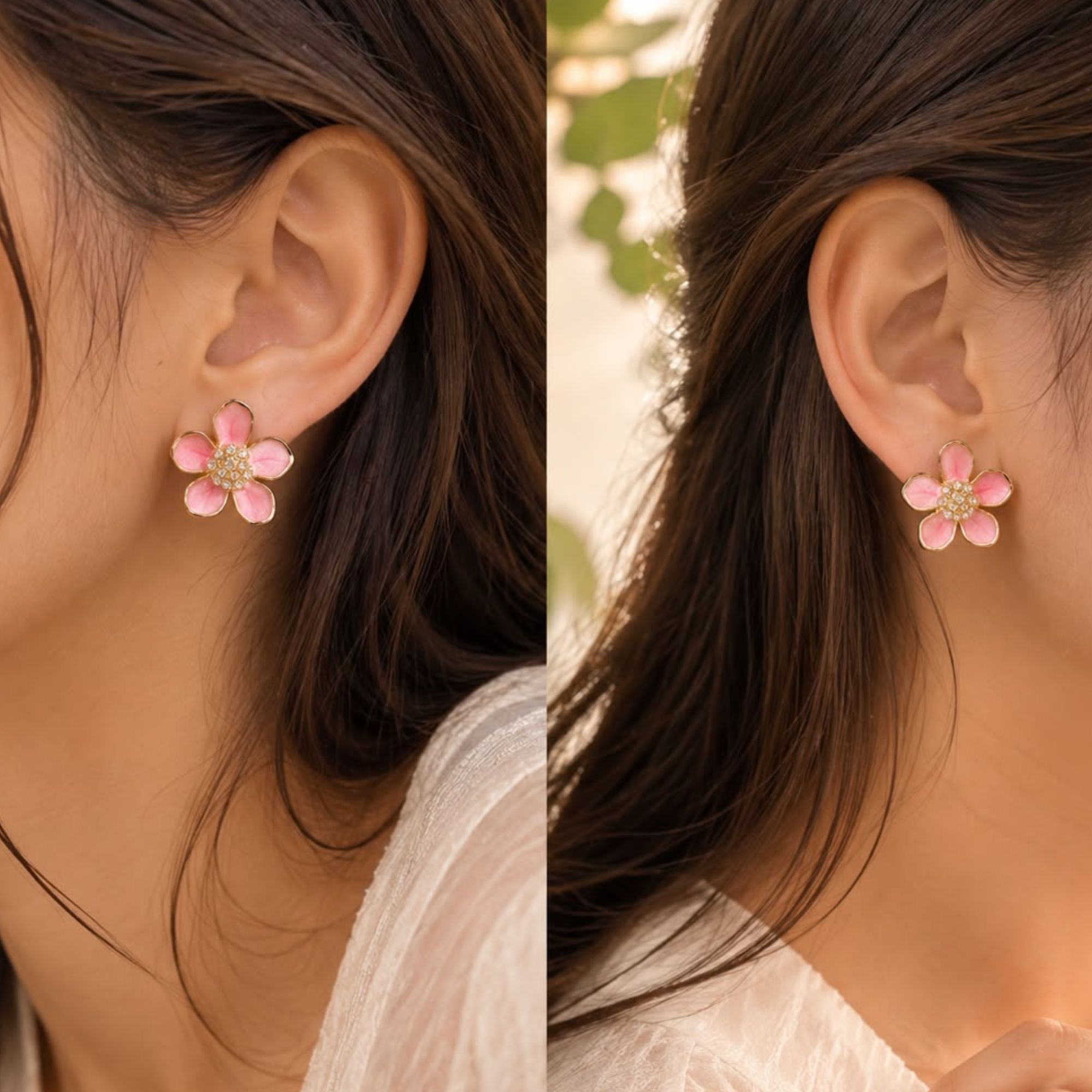 Pink Floral Enamel & Rhinestone Stud Earrings for Women and Girls - Image 2