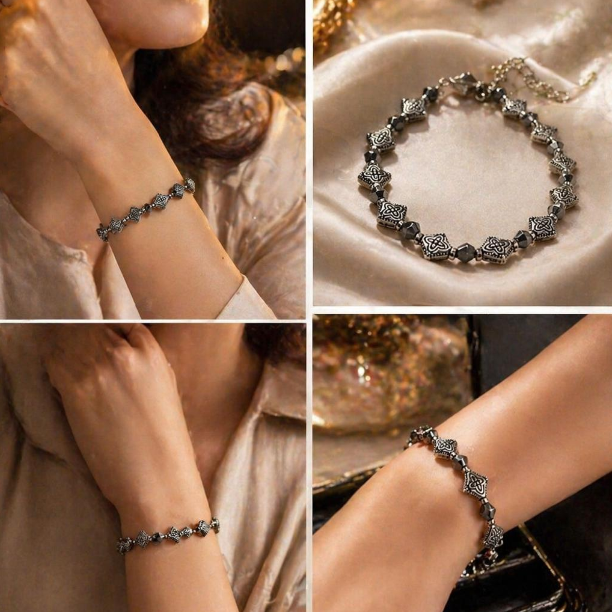 SILVOSWAN Antique Silver Celtic Knot Beaded Bracelet for Women - Image 3
