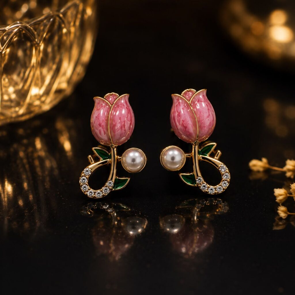 Trendy Floral Design Pink Enamel Tulip Earrings with Artificial Pearls