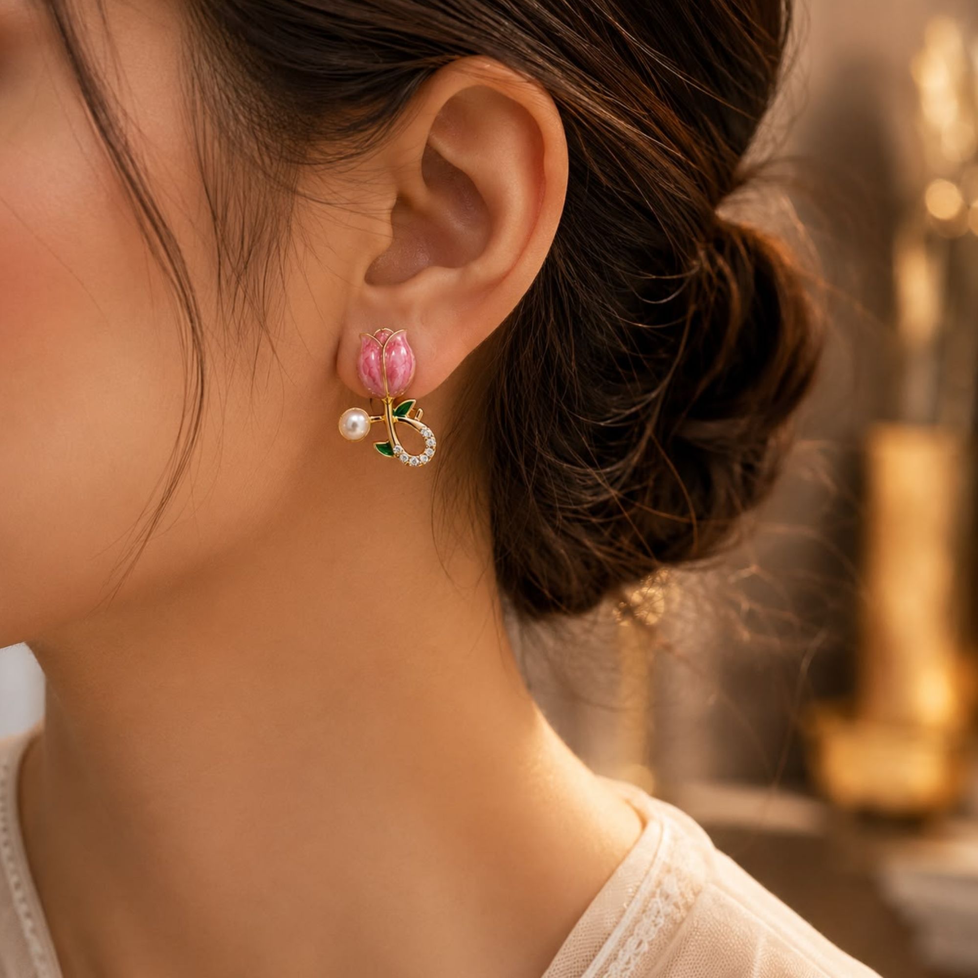 Trendy Floral Design Pink Enamel Tulip Earrings with Artificial Pearls - Image 4