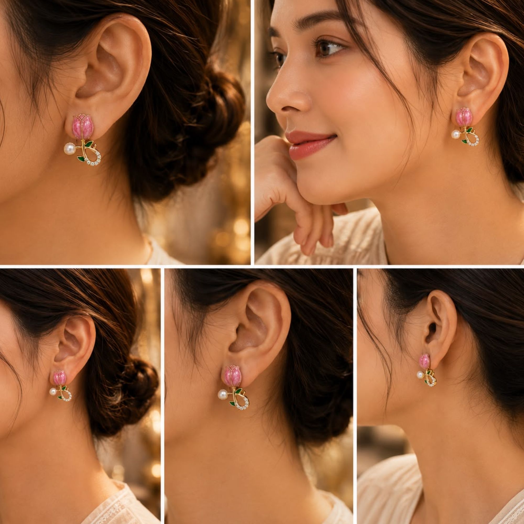 Trendy Floral Design Pink Enamel Tulip Earrings with Artificial Pearls - Image 3