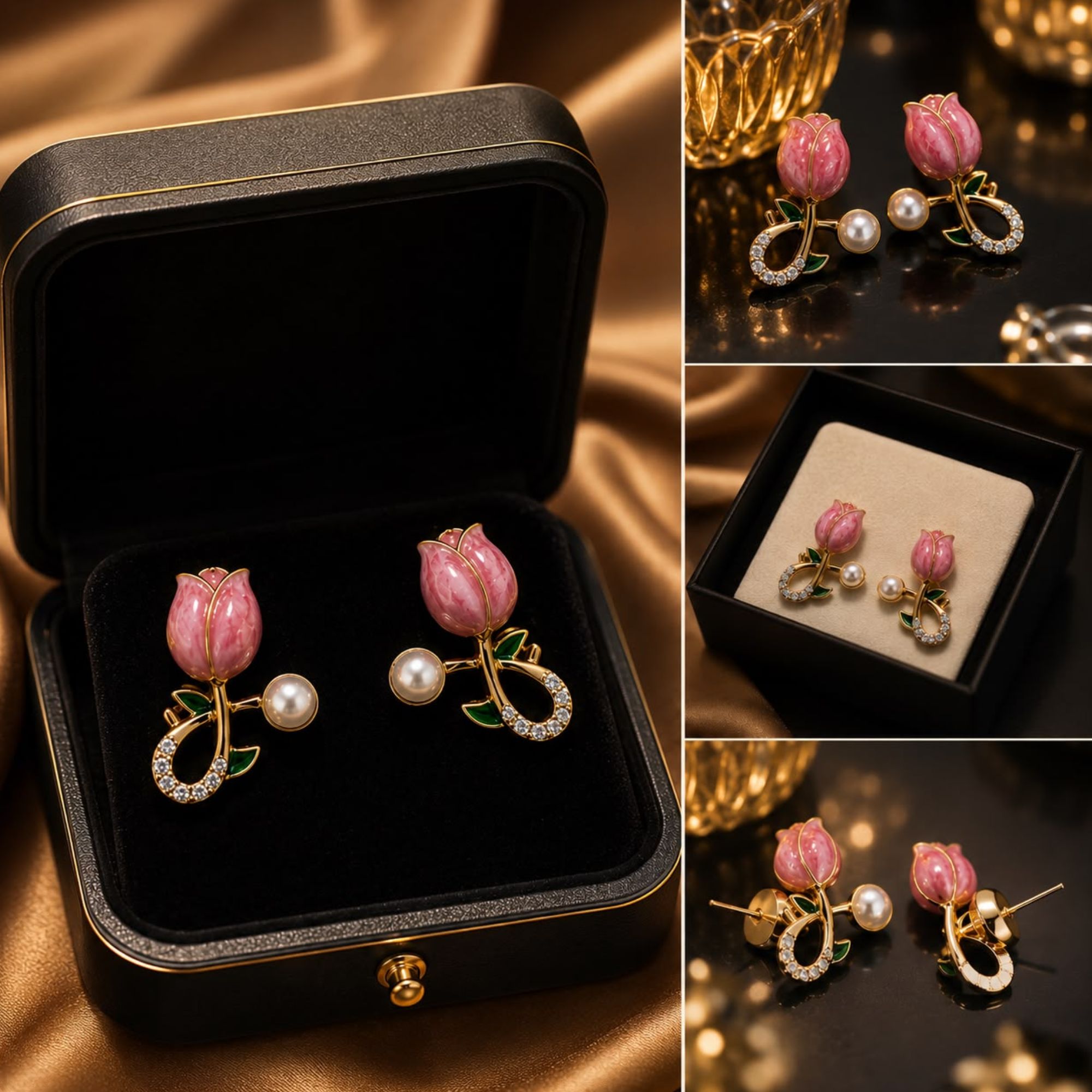 Trendy Floral Design Pink Enamel Tulip Earrings with Artificial Pearls - Image 2