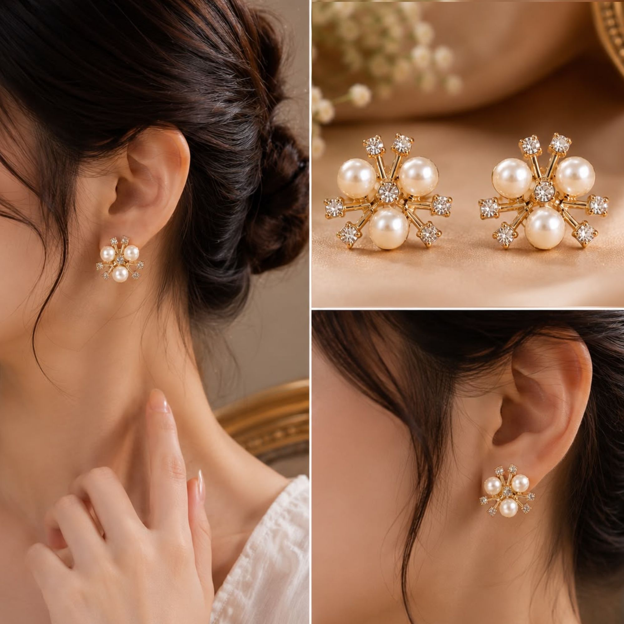 Trendy Korean Style Pearl Cluster & Pink Flower Enamel Earrings Combo for Women - Image 2