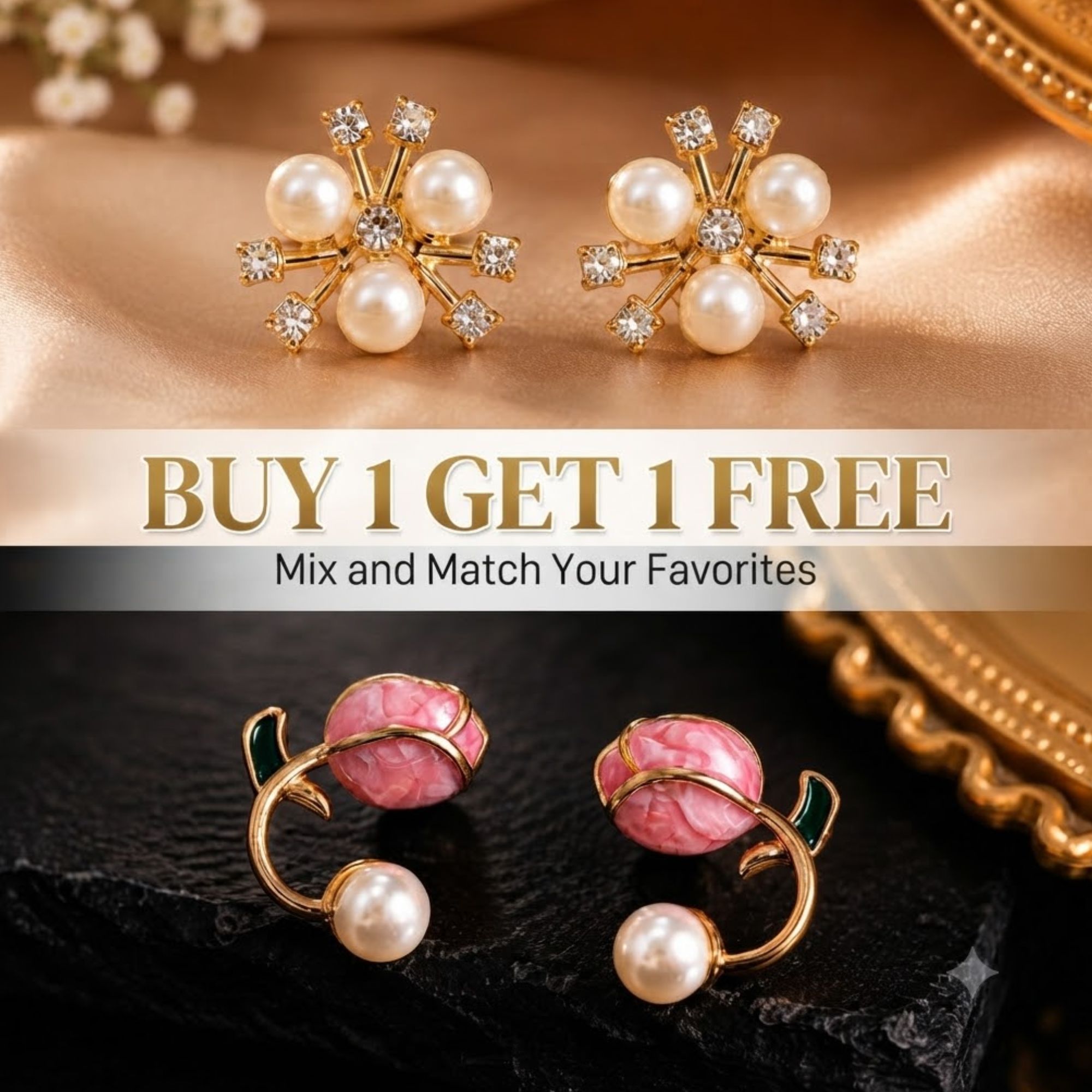 Trendy Korean Style Pearl Cluster & Pink Flower Enamel Earrings Combo for Women
