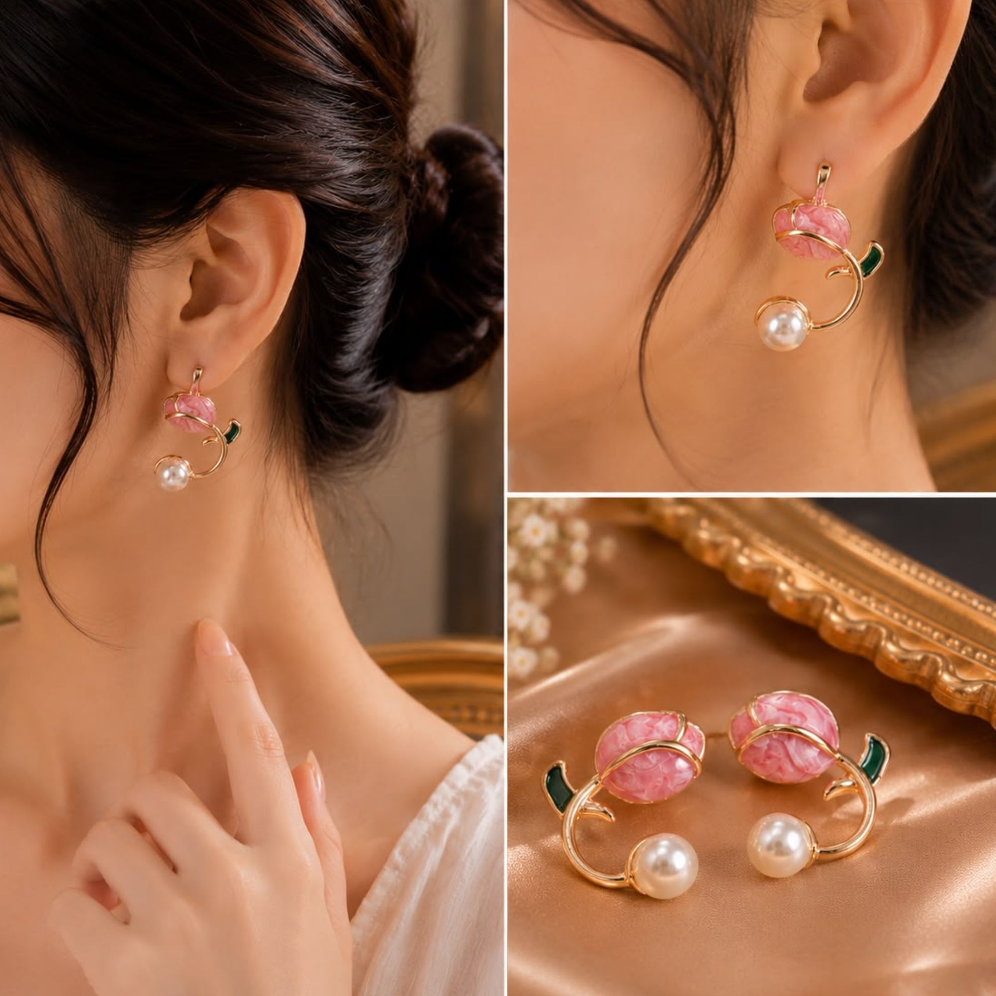Trendy Korean Style Pearl Cluster & Pink Flower Enamel Earrings Combo for Women - Image 3