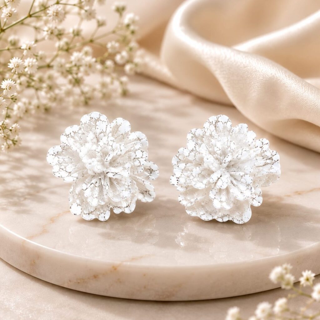 White Cracked Acrylic Flower Stud Earrings for Women & Girls