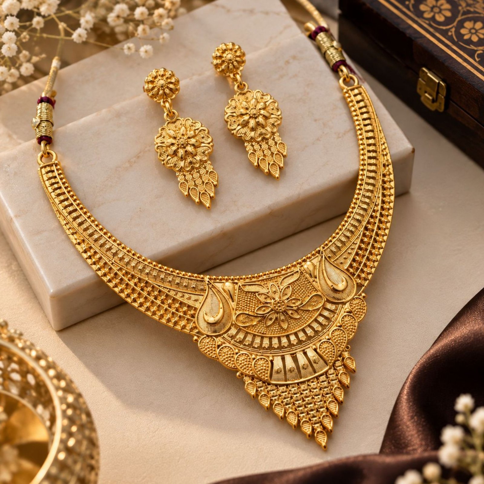 Antique Gold Necklace and Earrings Set - Image 3
