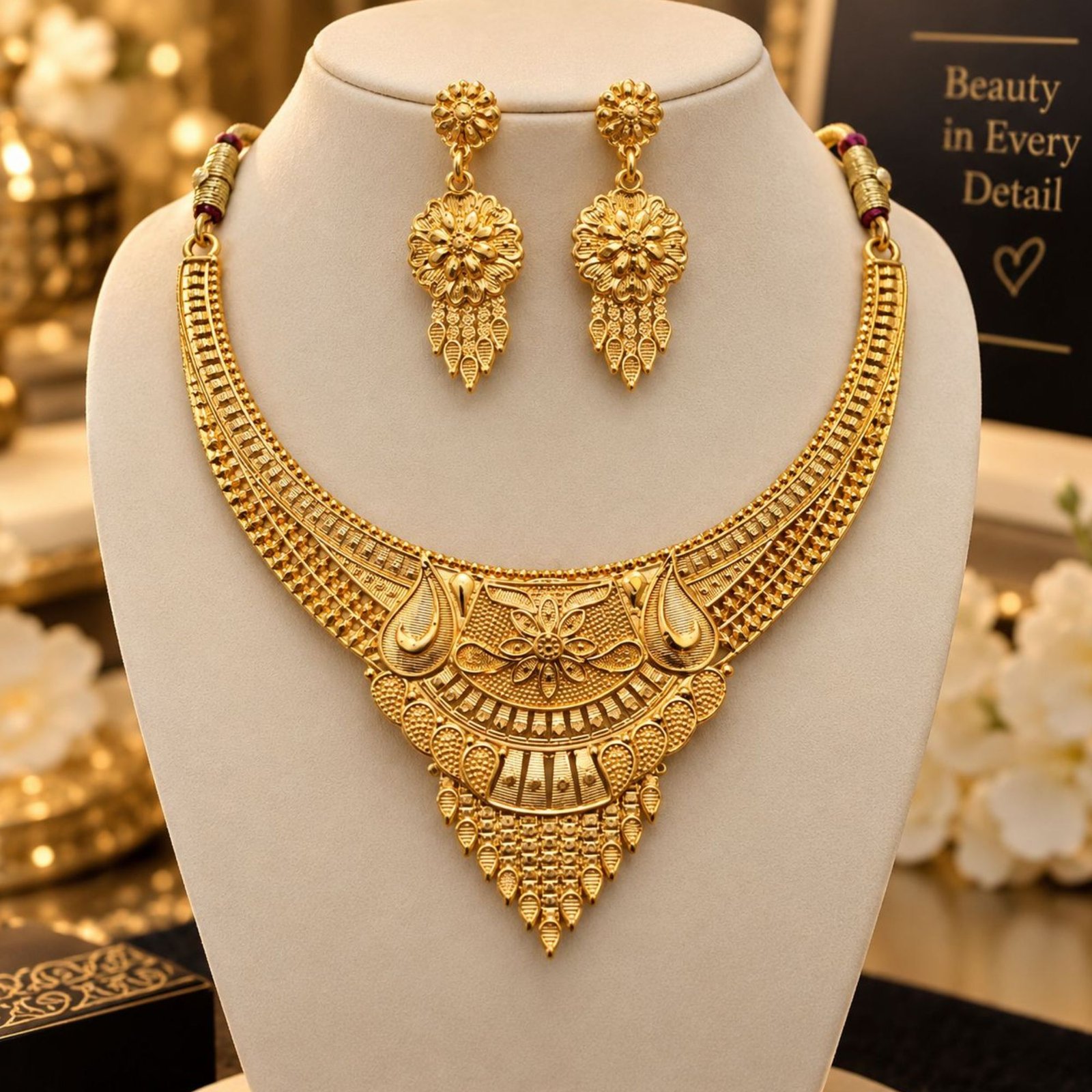 Antique Gold Necklace and Earrings Set