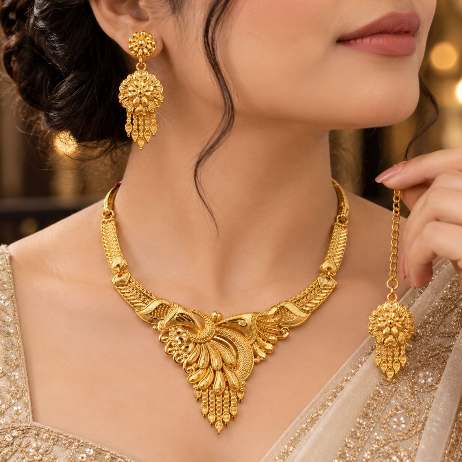 Artificial Gold-Plated Peacock Design Jewellery Set - Image 2