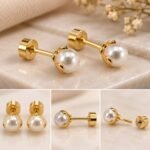 Artificial Pearl Golden Petal Stud Earrings