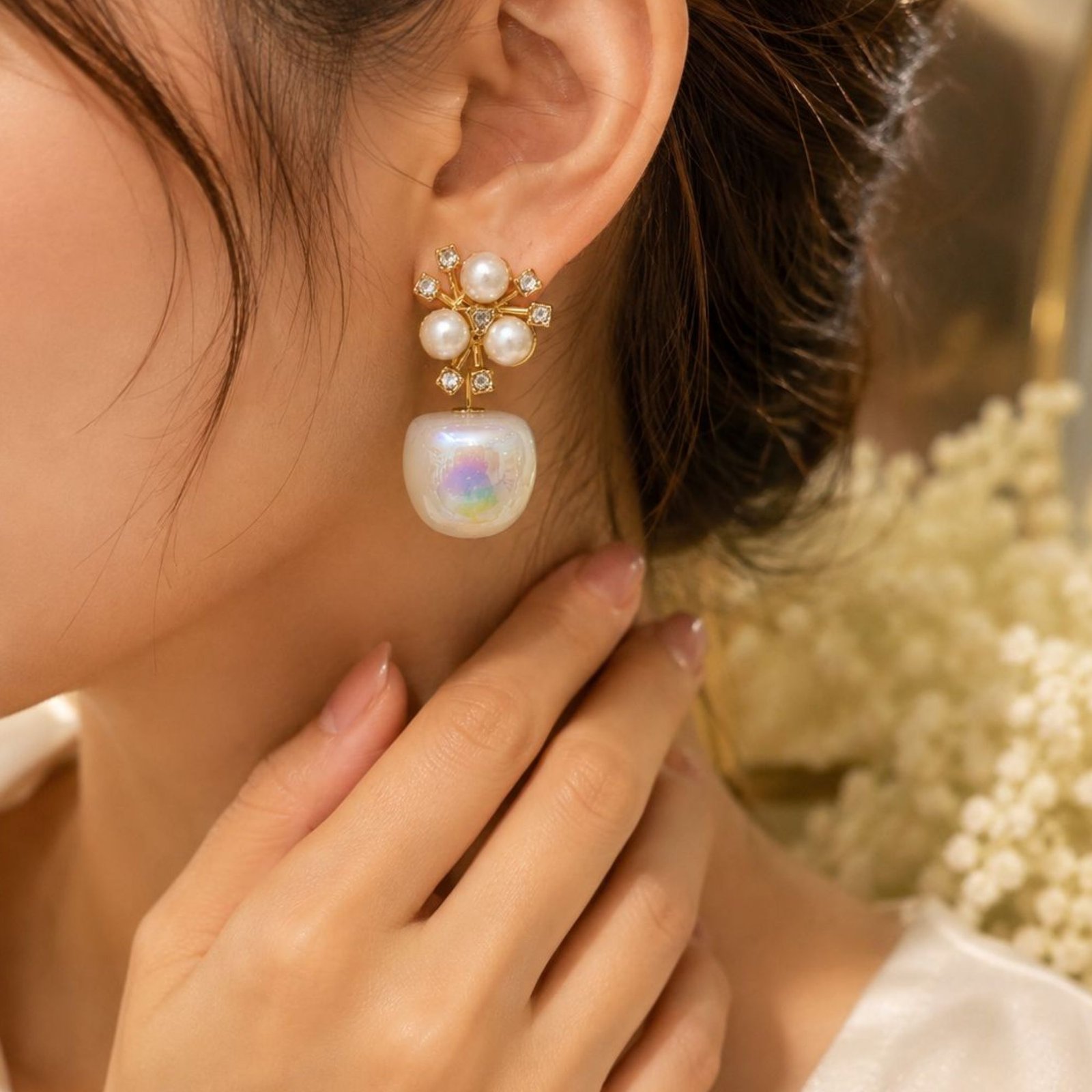 Aurora Iridescent Pearl Cluster Drop Earrings - Image 3