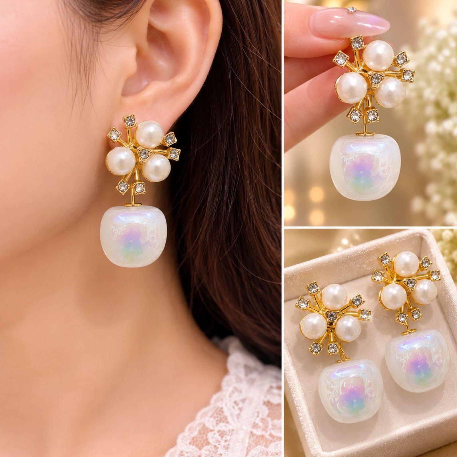 Aurora Iridescent Pearl Cluster Drop Earrings - Image 2