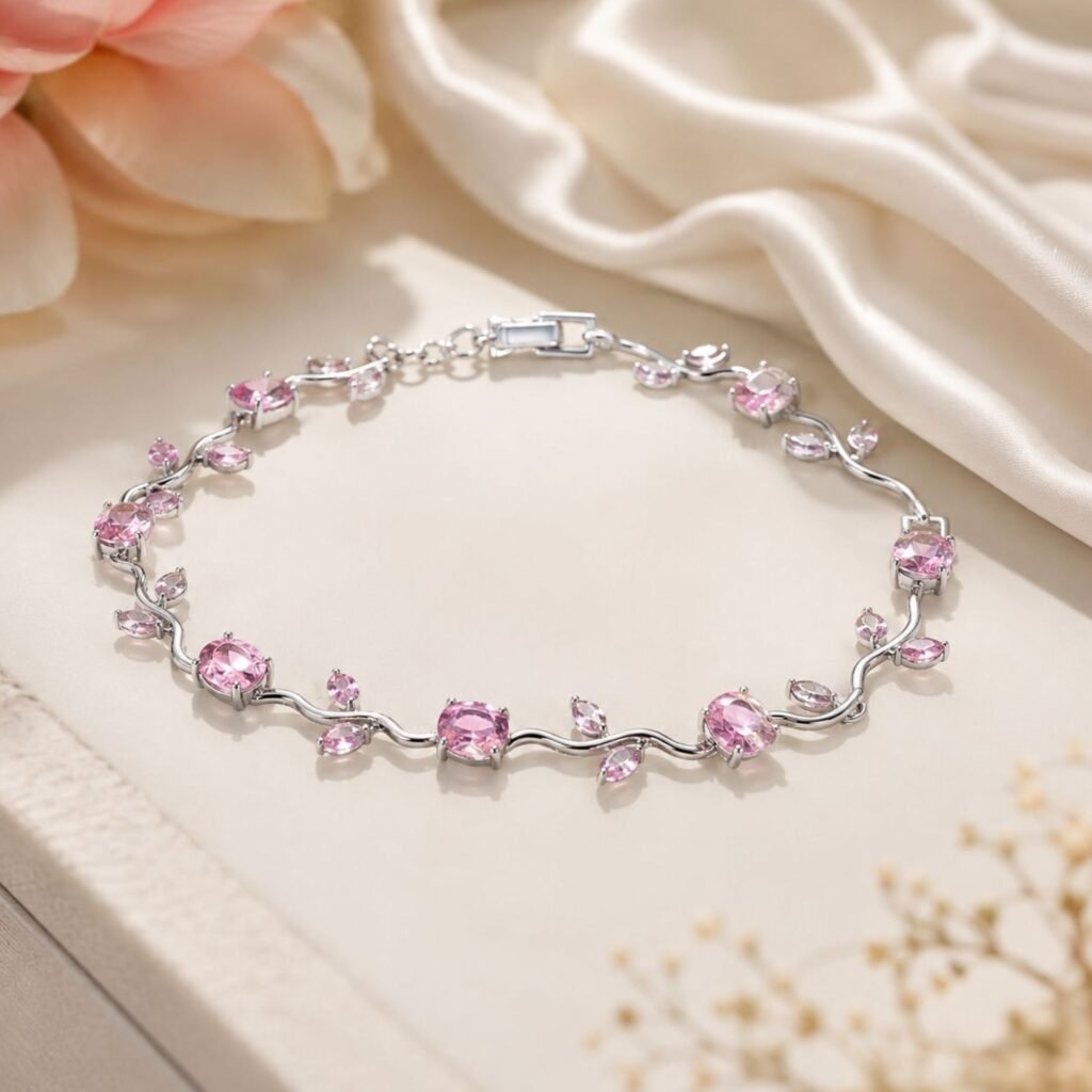 Blush Bloom Silver Pink Crystal Flower Bracelet for Women