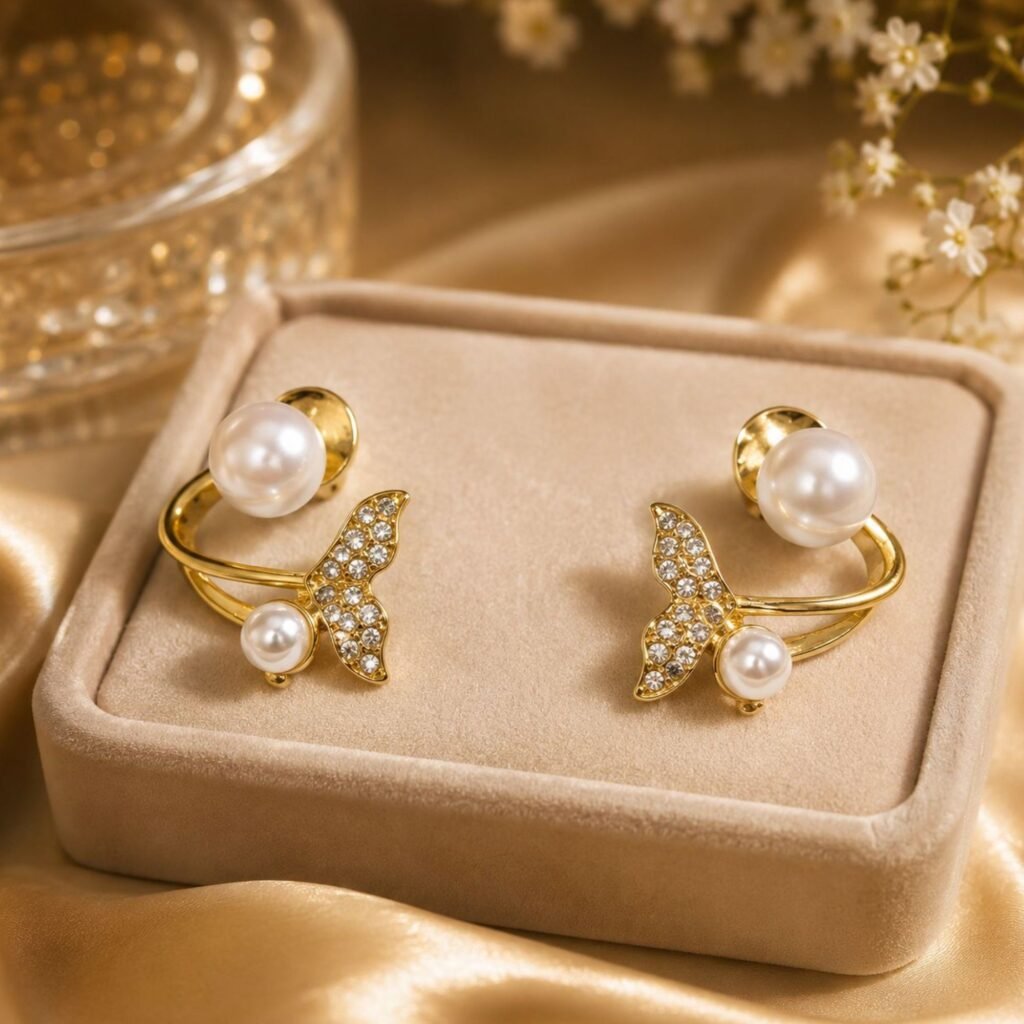 Elegant Gold Plated Dual Pearl Crystal Butterfly Wing Ear Cuffs
