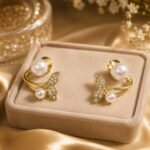 Elegant Gold Plated Dual Pearl Crystal Butterfly Wing Ear Cuffs