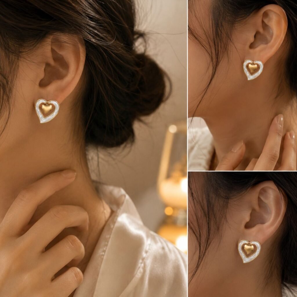 Elegant Gold Plated Heart Pearl Stud Earrings for Women