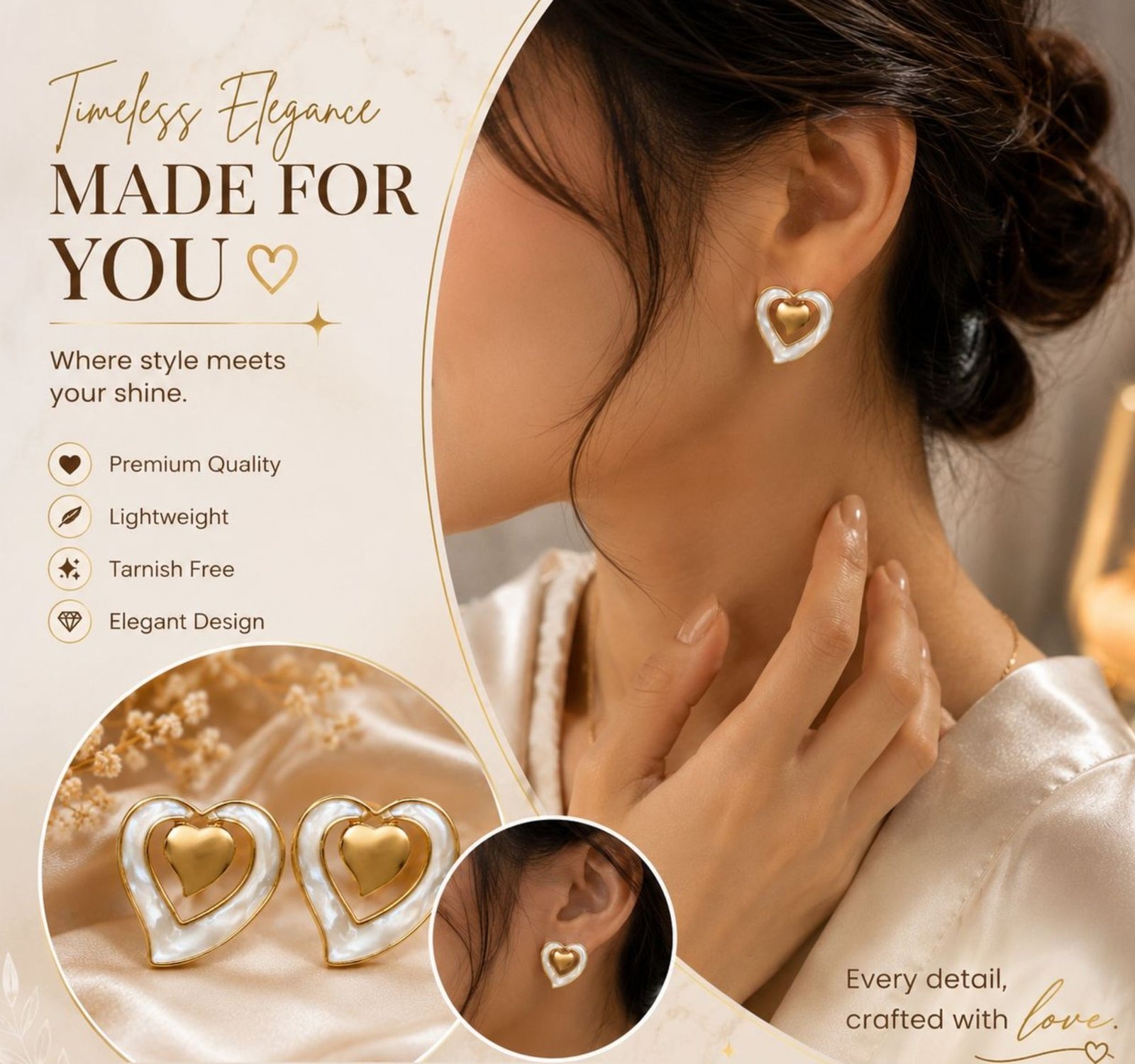 Elegant Gold Plated Heart Pearl Stud Earrings for Women - Image 3
