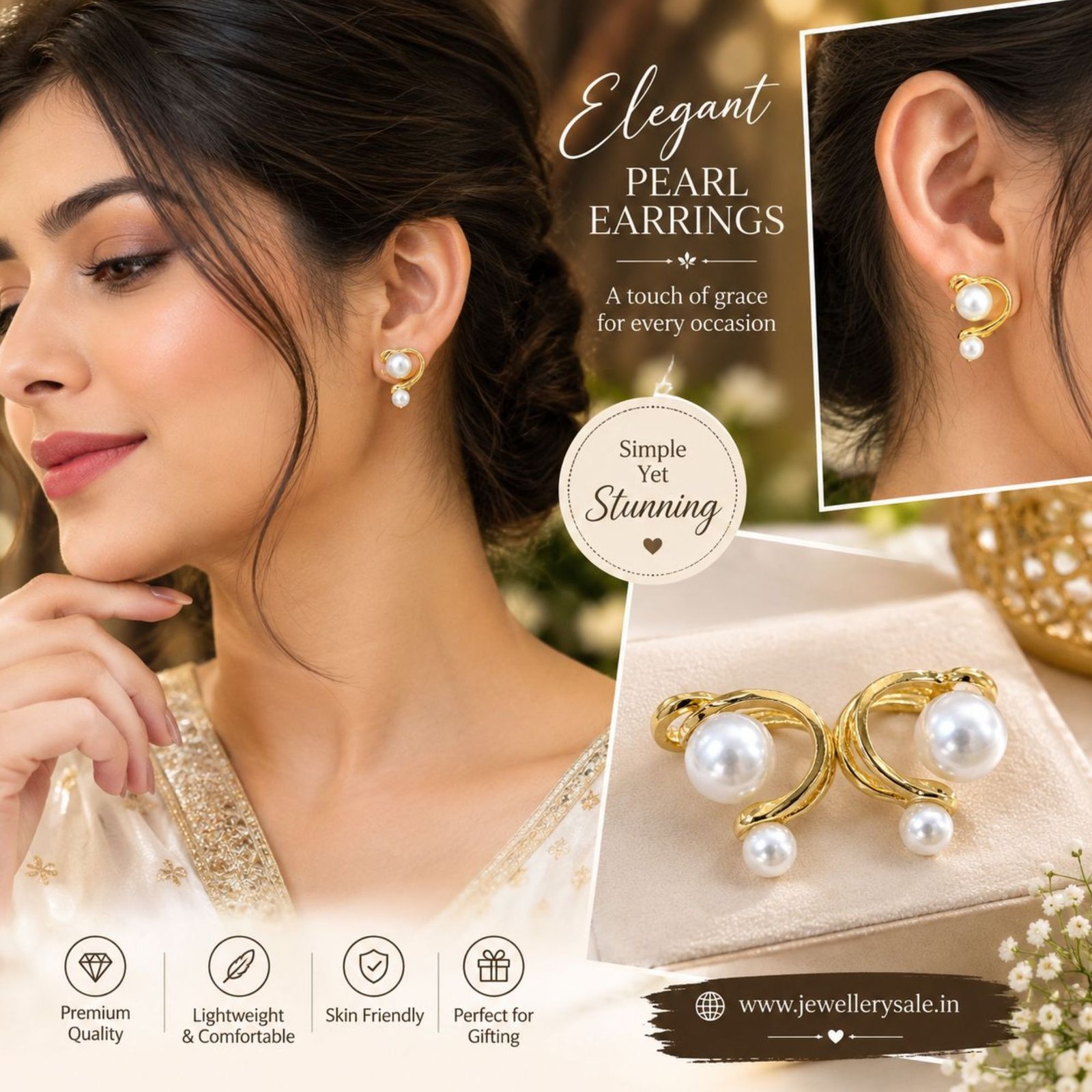 Elegant Gold Tone Twisted Multi Pearl Ear Cuff for Women - Image 3