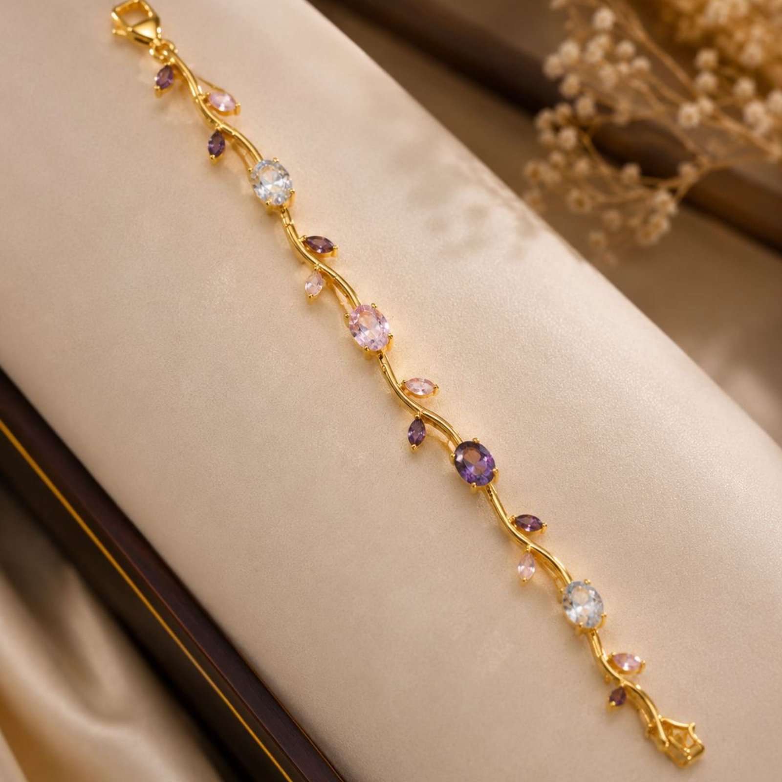 Gold Floral Vine Bracelet with Purple Crystal Stones - Image 4