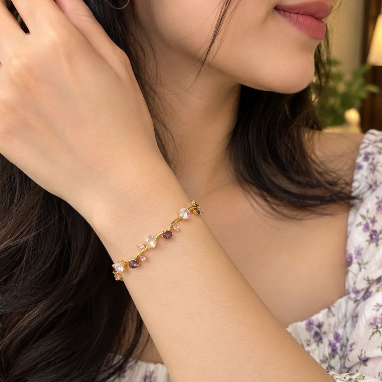 Gold Floral Vine Bracelet with Purple Crystal Stones - Image 2