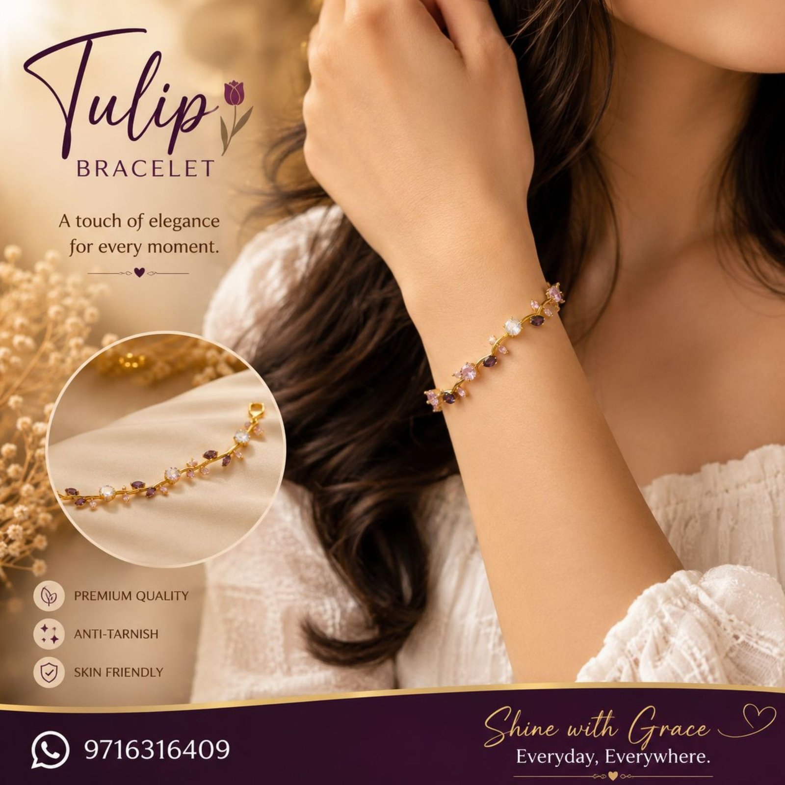 Gold Floral Vine Bracelet with Purple Crystal Stones - Image 3