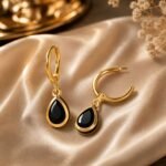 Gold Plated Black Teardrop Hoop Earrings for Women