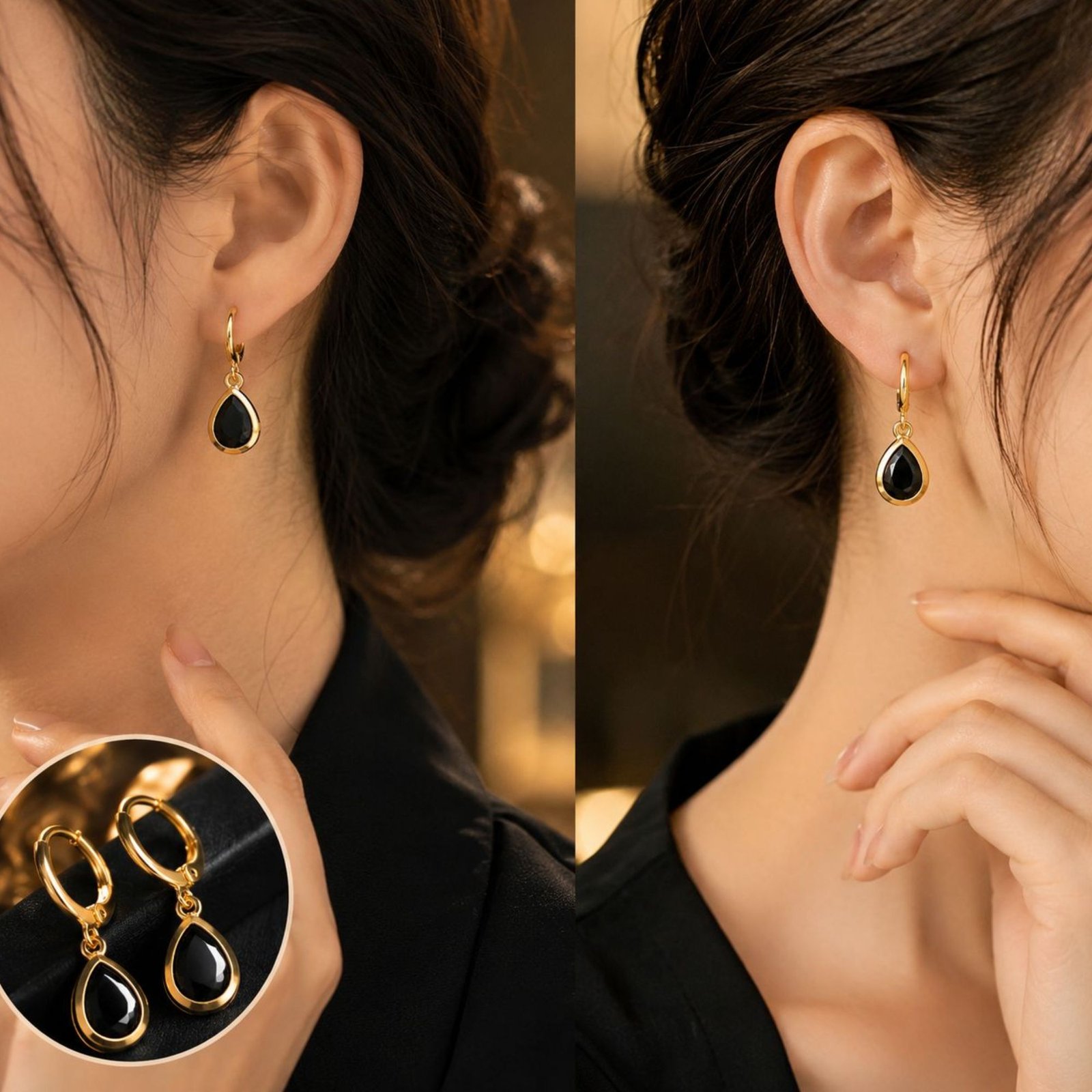 Gold Plated Black Teardrop Hoop Earrings for Women - Image 4