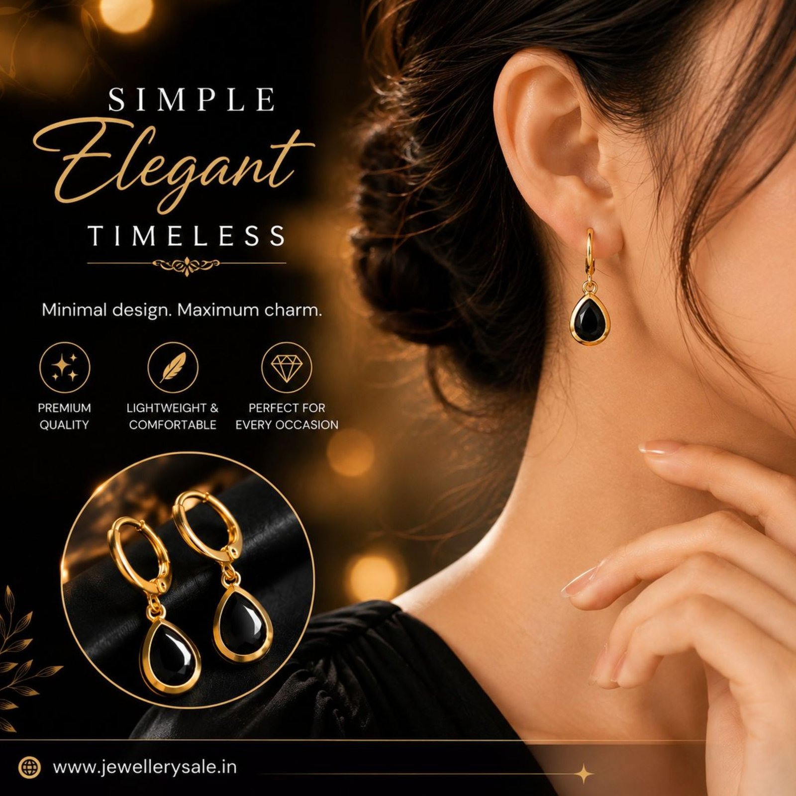 Gold Plated Black Teardrop Hoop Earrings for Women - Image 3