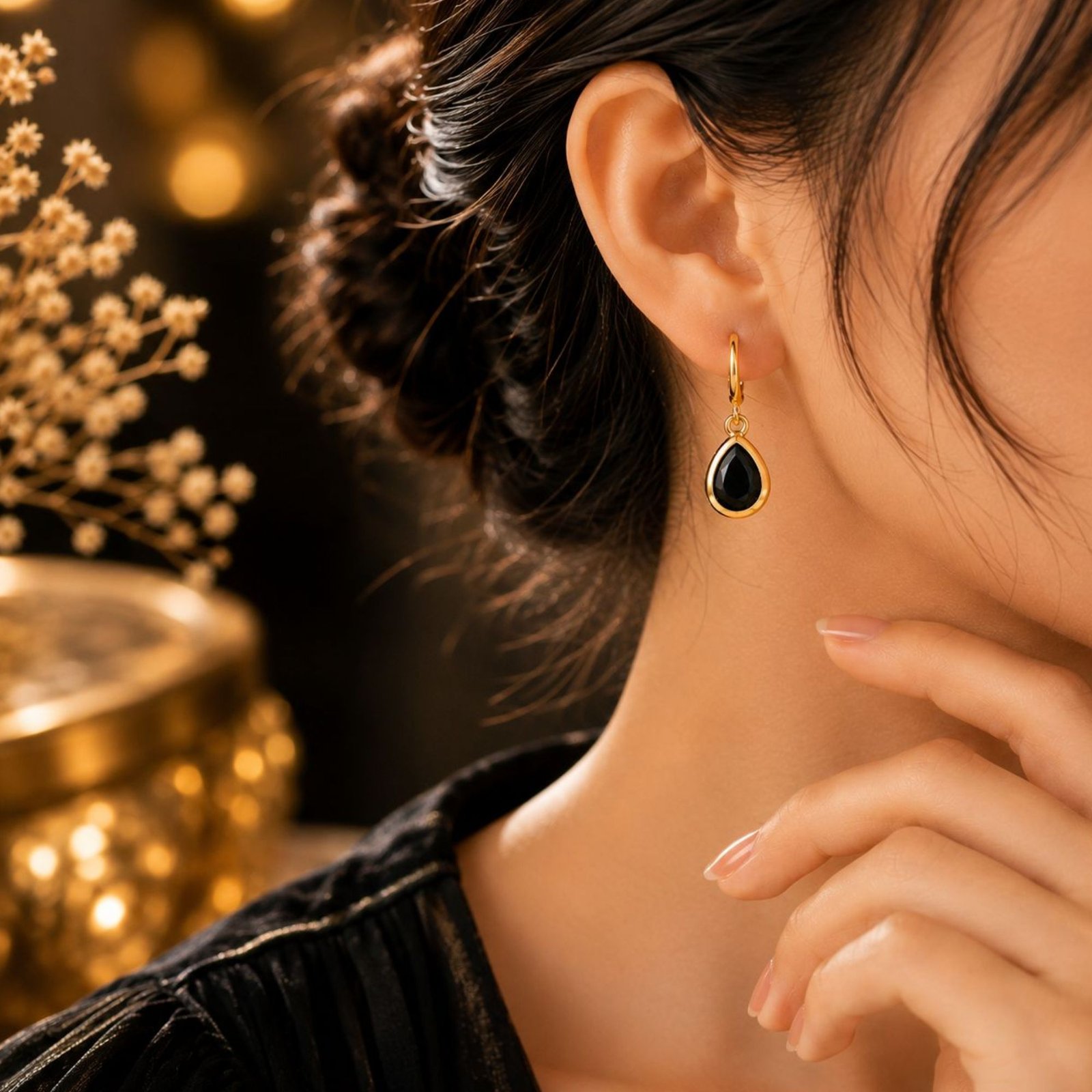 Gold Plated Black Teardrop Hoop Earrings for Women - Image 2
