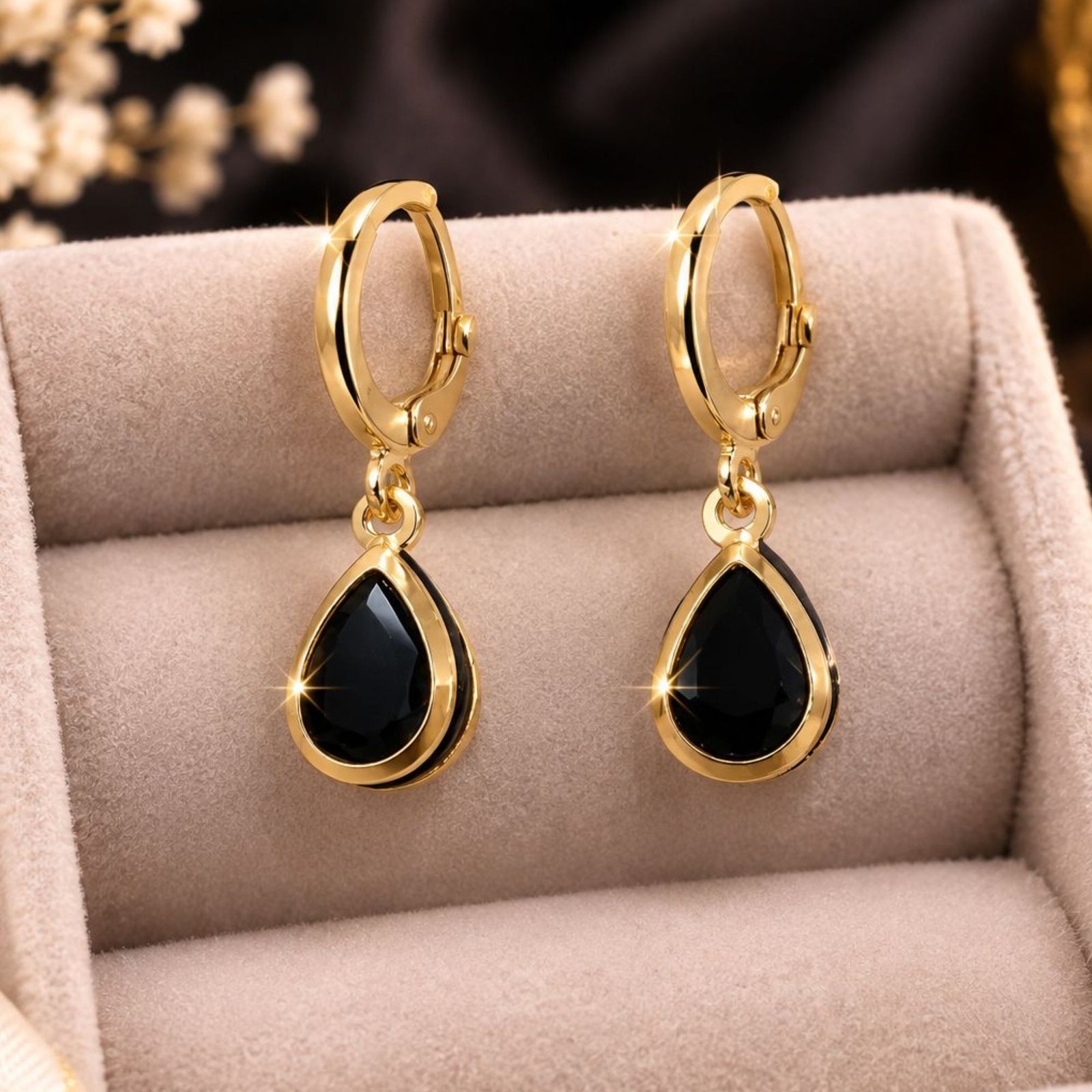 Gold Plated Black Teardrop Hoop Earrings for Women