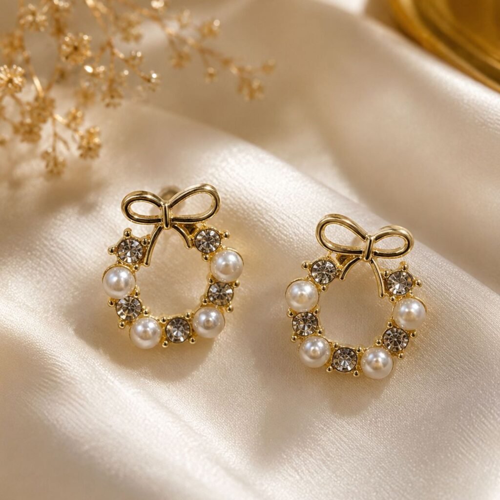 Golden Bow Pearl Crystal Circle Stud Earrings for Women
