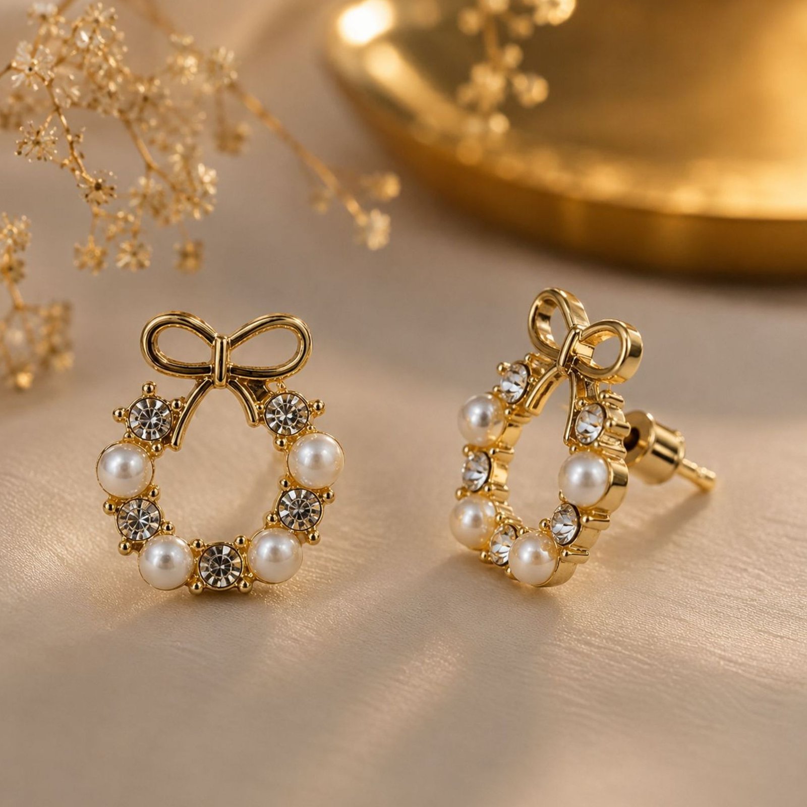 Golden Bow Pearl Crystal Circle Stud Earrings for Women - Image 5