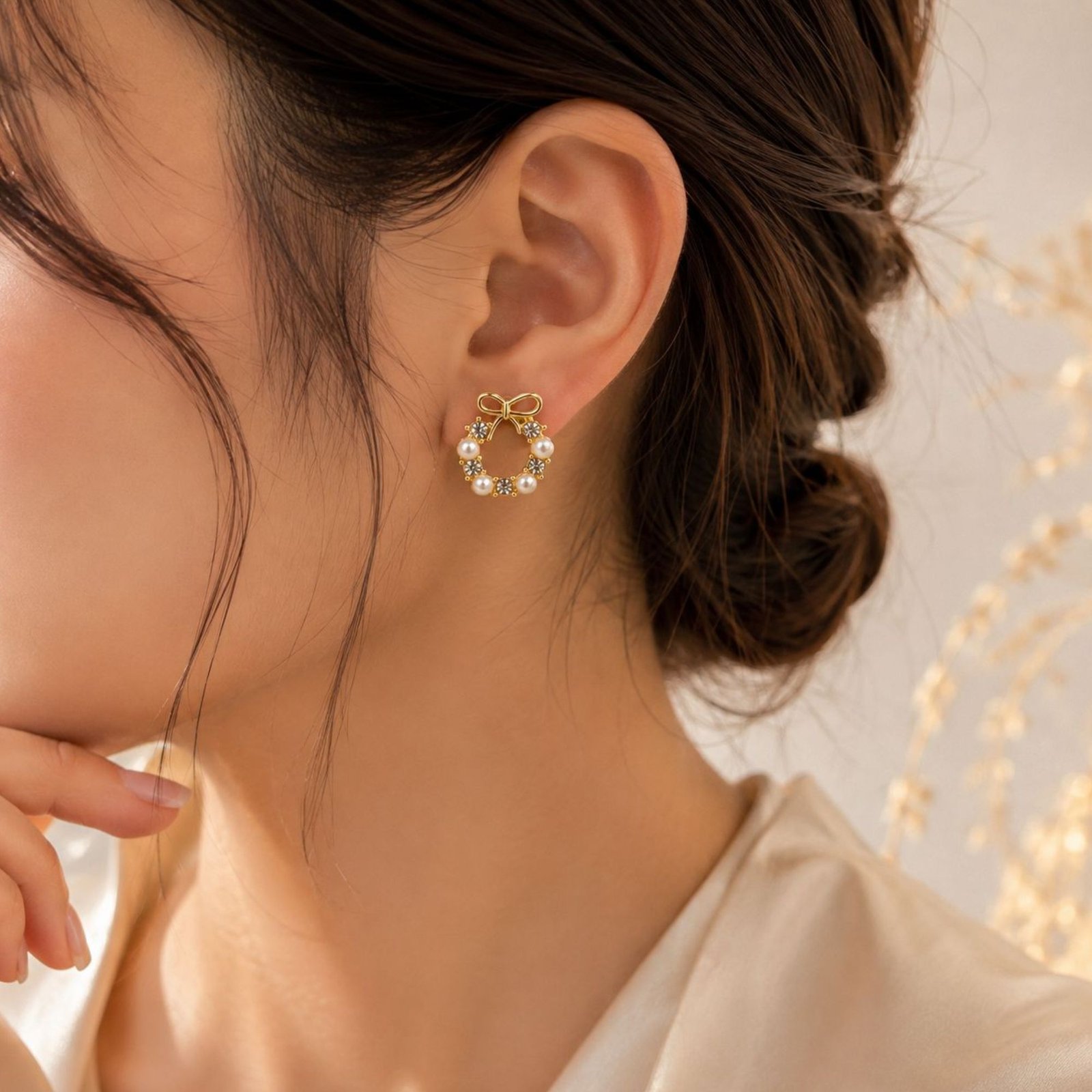 Golden Bow Pearl Crystal Circle Stud Earrings for Women - Image 2