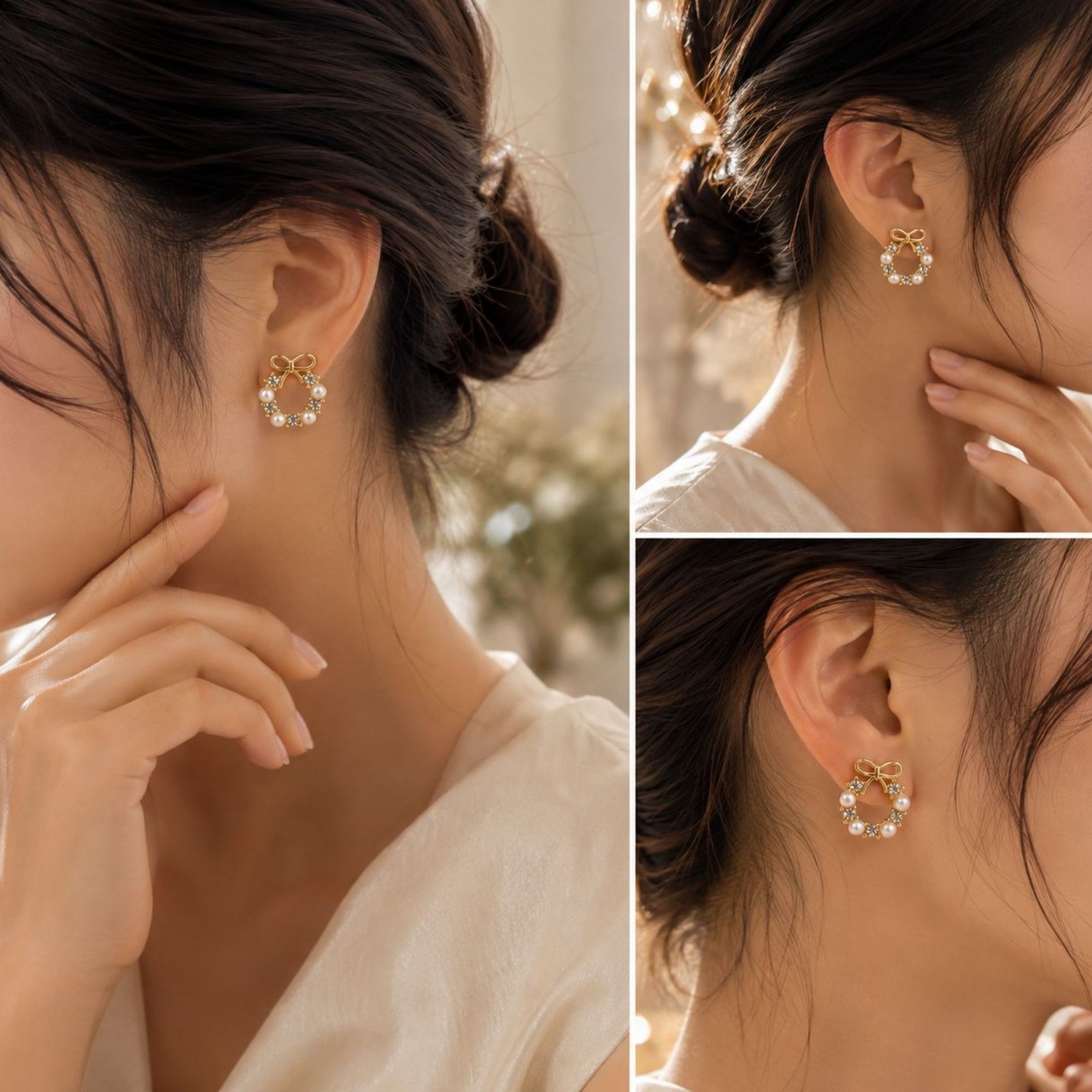 Golden Bow Pearl Crystal Circle Stud Earrings for Women - Image 4