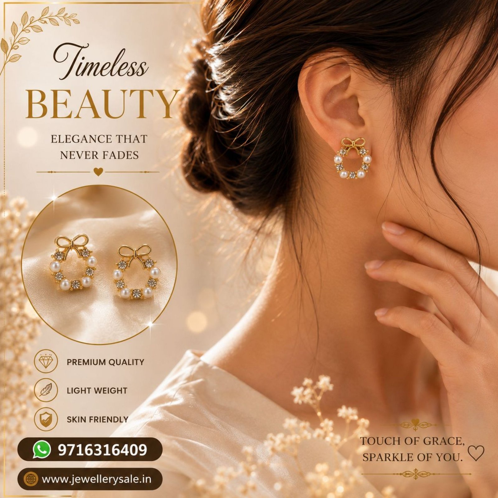 Golden Bow Pearl Crystal Circle Stud Earrings for Women - Image 3