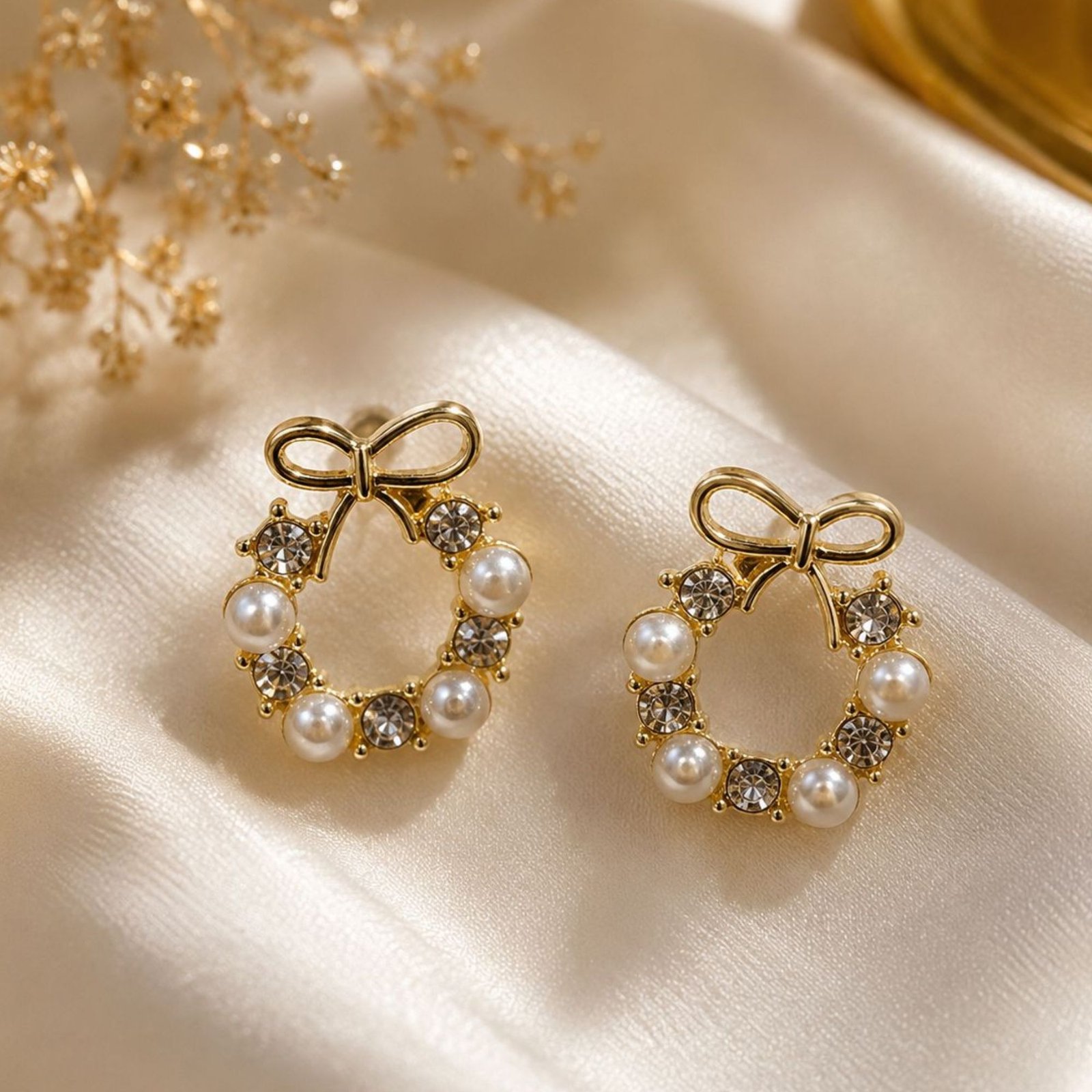 Golden Bow Pearl Crystal Circle Stud Earrings for Women
