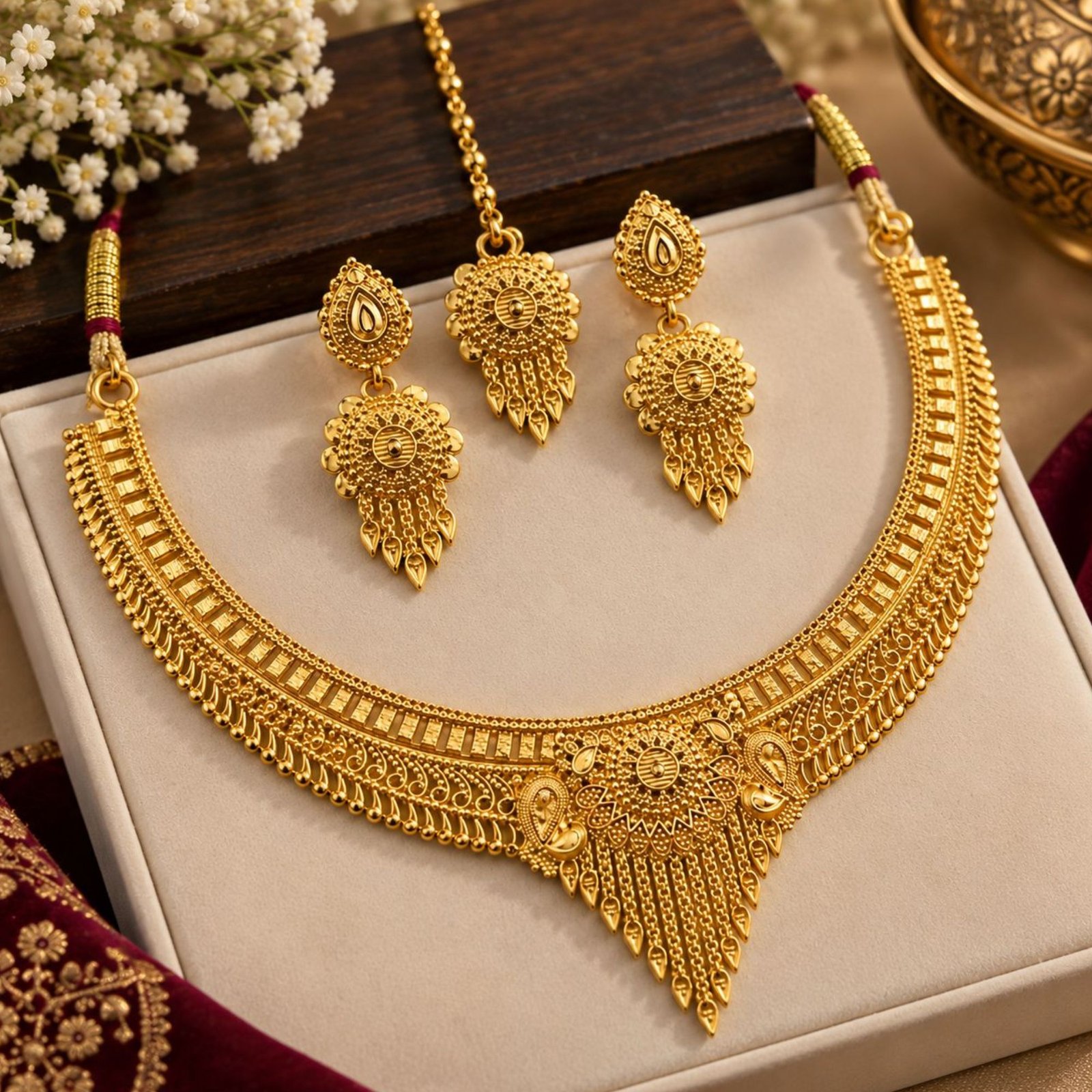 Rajwadi Antique Gold Finish Bridal Choker Set - Image 3
