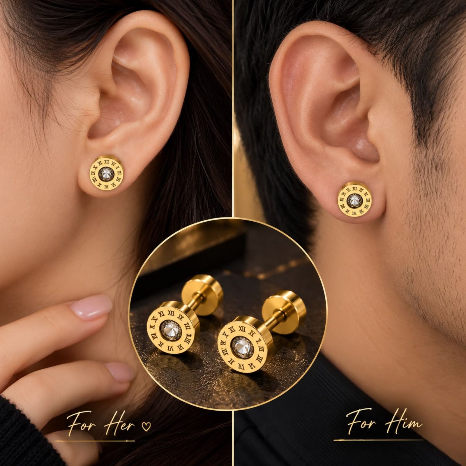 Roman Numeral Crystal Stud Earrings - Image 2