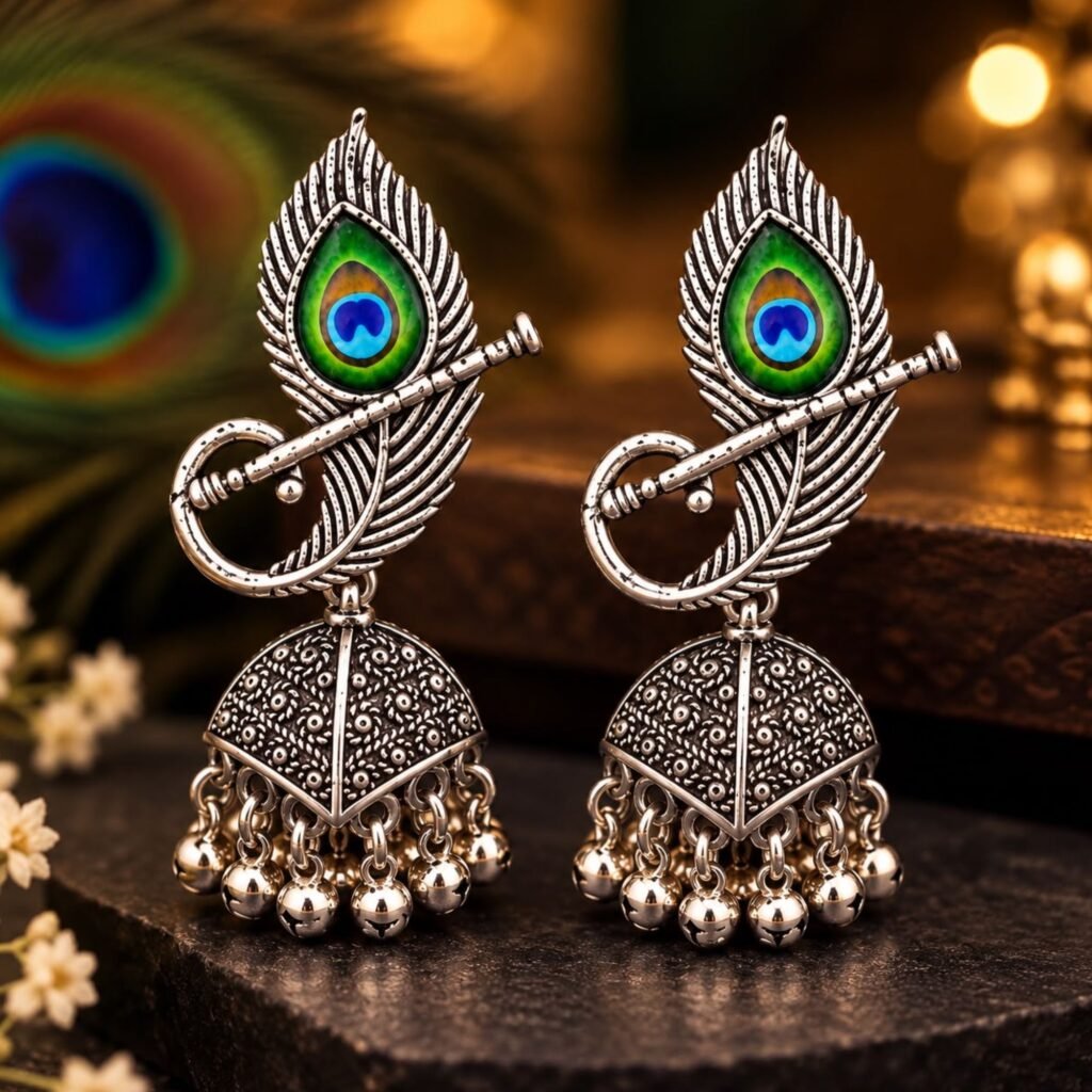 Traditional Ethnic Mor Pankh and Bansuri Hanging Jhumkis for Women