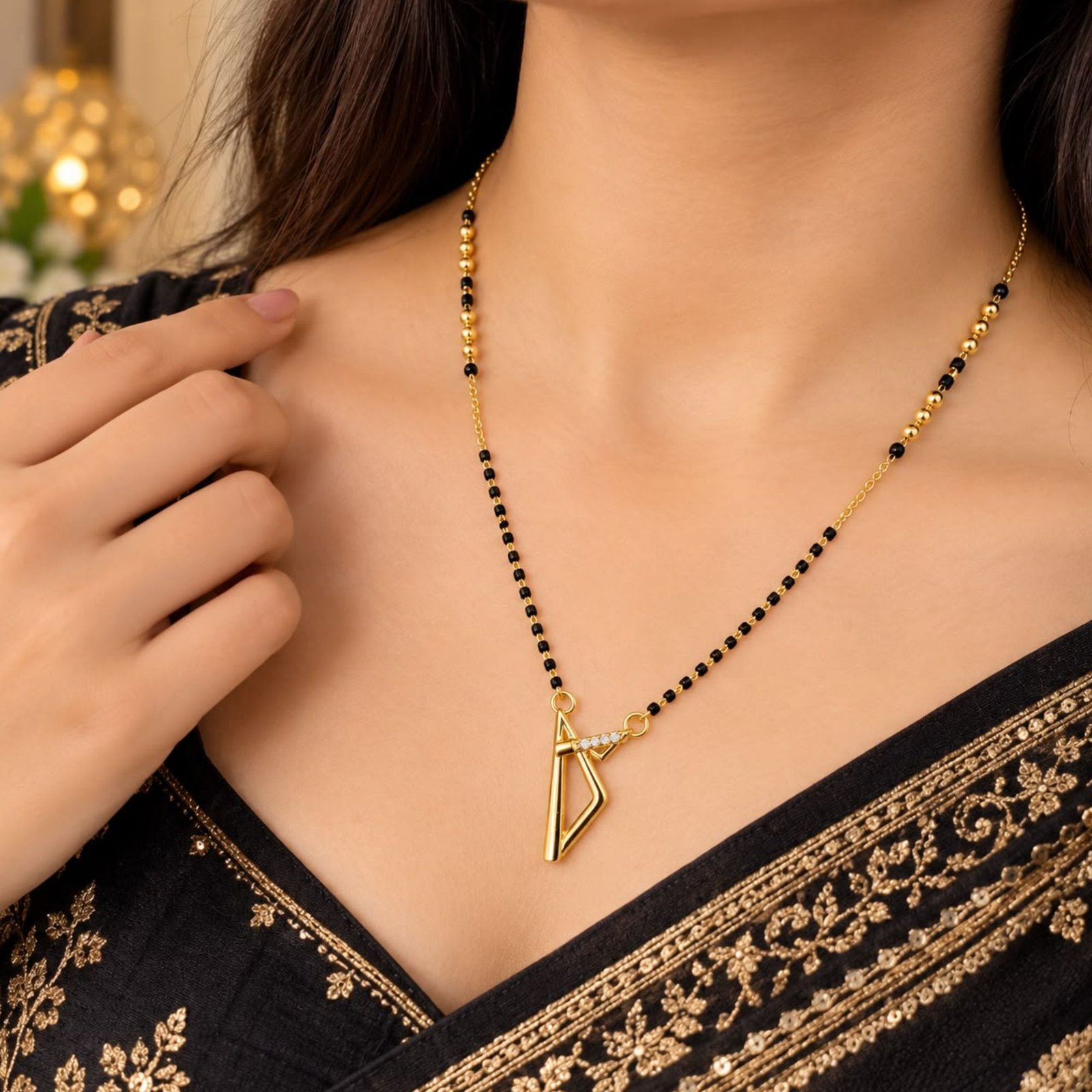Trendy Non-Precious Designer V-Shape Pendant Mangalsutra - Image 3