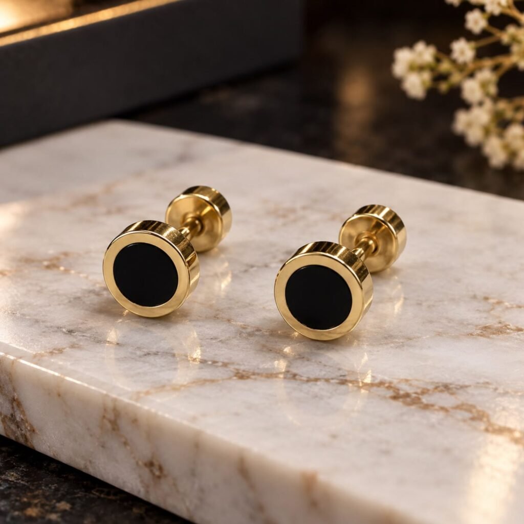 Unisex Black & Gold Round Stainless Steel Stud Earrings
